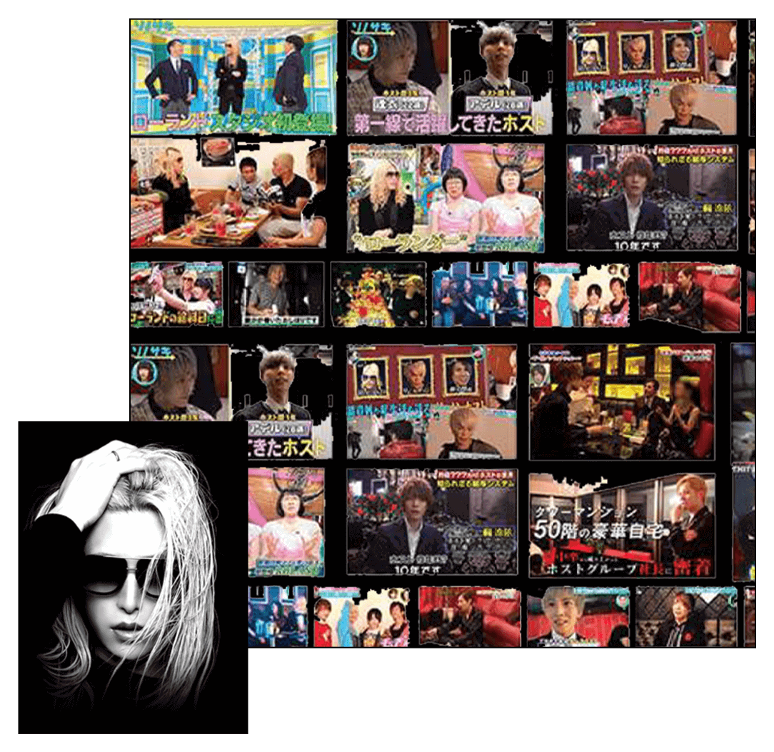 ローランドや有名ホストが出演するテレビ番組の映像集。多くのメディアで話題のホストグループが紹介された特集シーン。