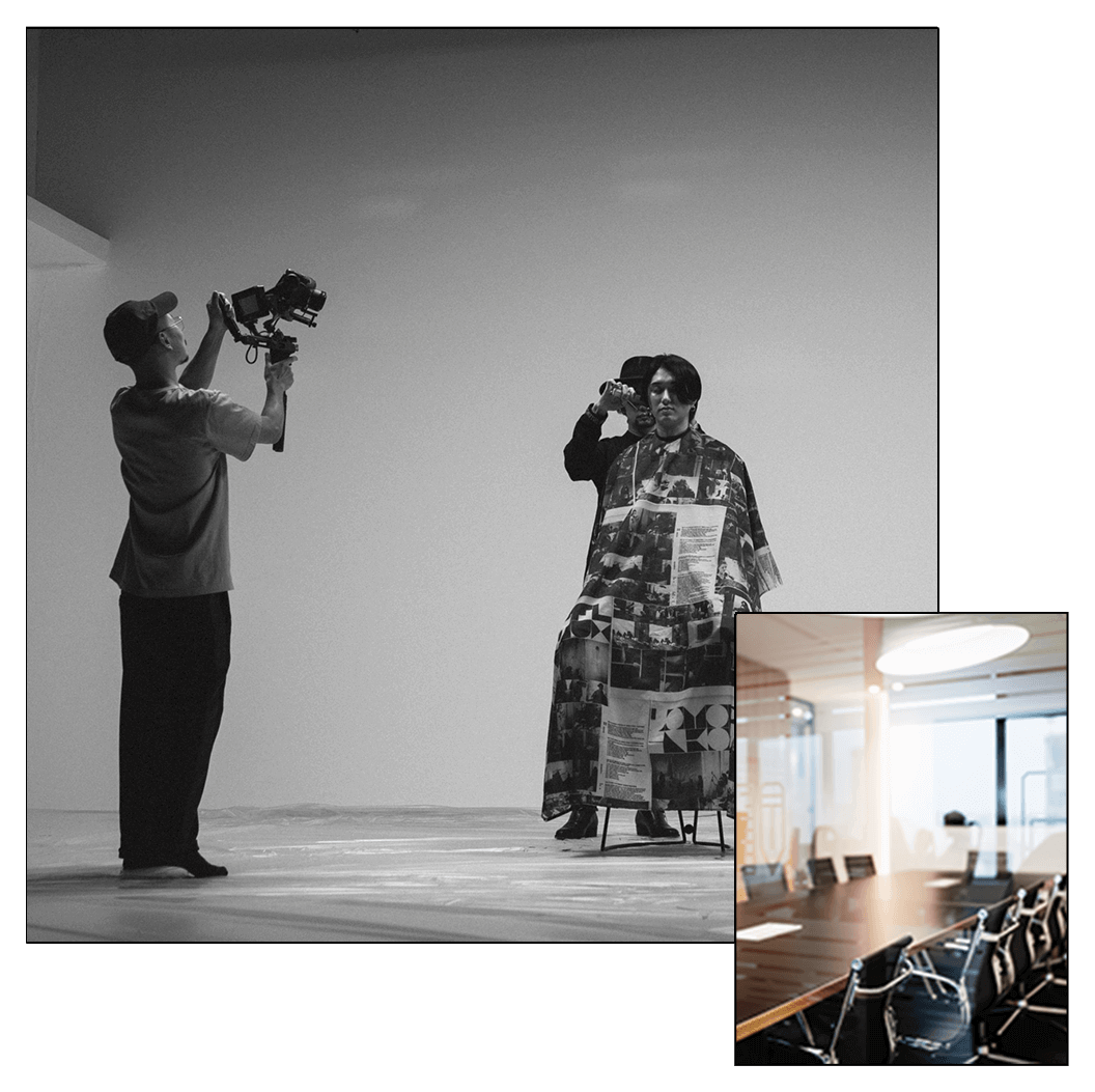 プロカメラマンが撮影するスタジオシーンと、モダンなオフィス会議室の写真。企画から撮影まで一貫して行うクリエイティブチームの仕事風景。