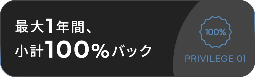最大１年間、小計100%バック