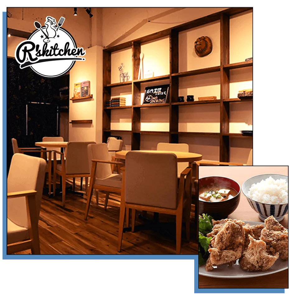 充実の福利厚生：専用食堂「R's kitchen（アールズキッチン）」の内装と栄養満点な定食メニューの画像