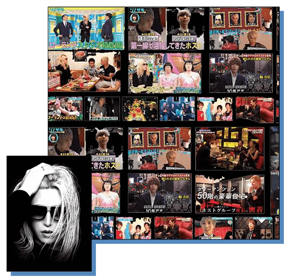 圧倒的なメディア露出：テレビ番組や有名メディアに出演し活躍するホストたちの画像コラージュ