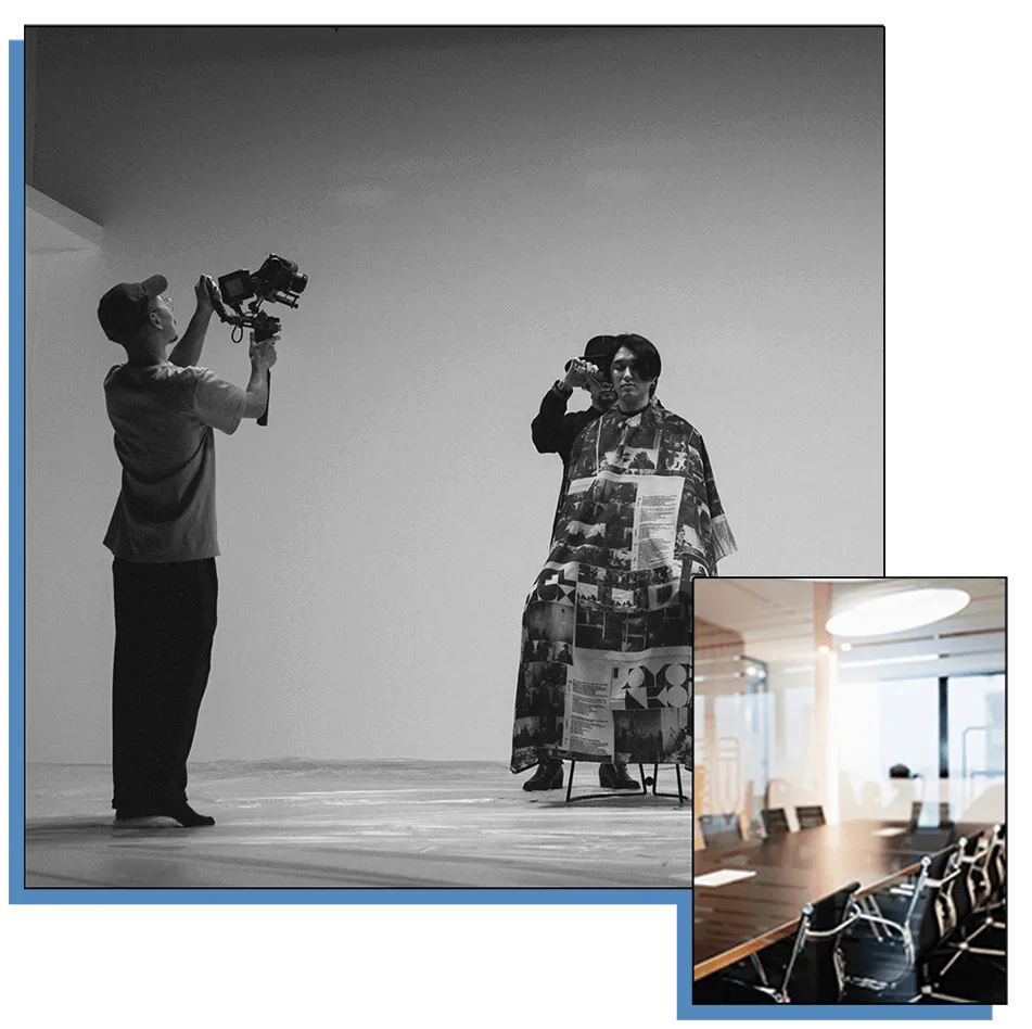 プロによるバックアップ：専用スタジオでの宣材写真撮影風景と、綺麗で広々としたオフィス会議室の画像