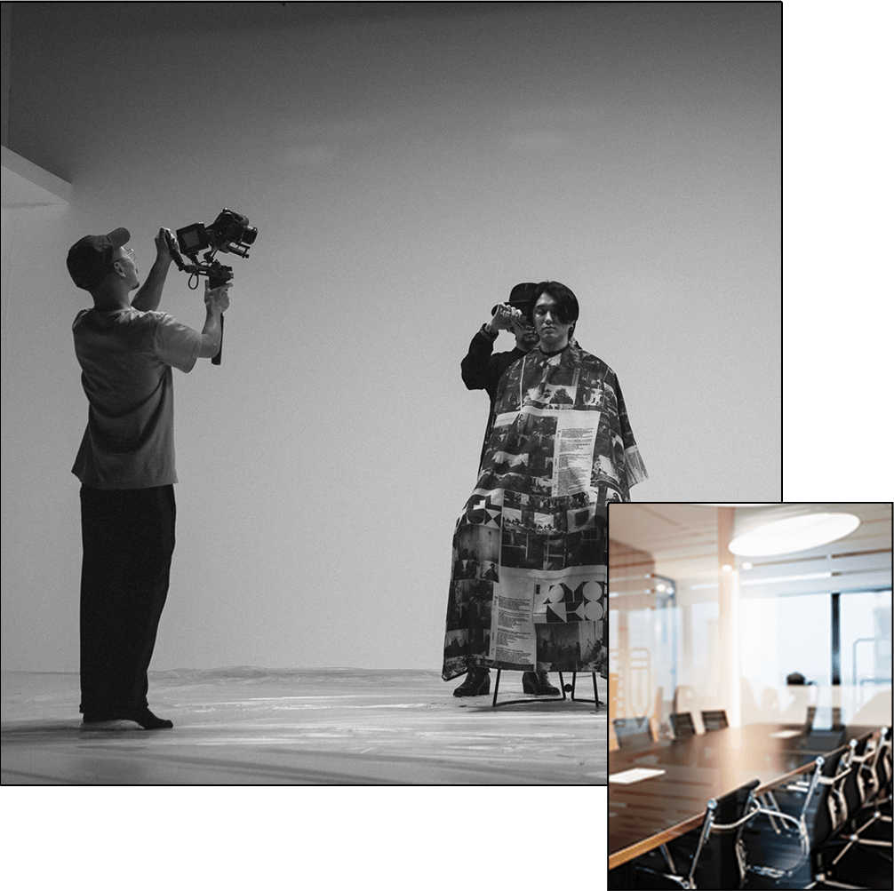 プロカメラマンが撮影するスタジオシーンと、モダンなオフィス会議室の写真。企画から撮影まで一貫して行うクリエイティブチームの仕事風景。