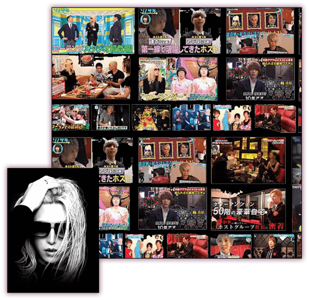 ローランドや有名ホストが出演するテレビ番組の映像集。多くのメディアで話題のホストグループが紹介された特集シーン。