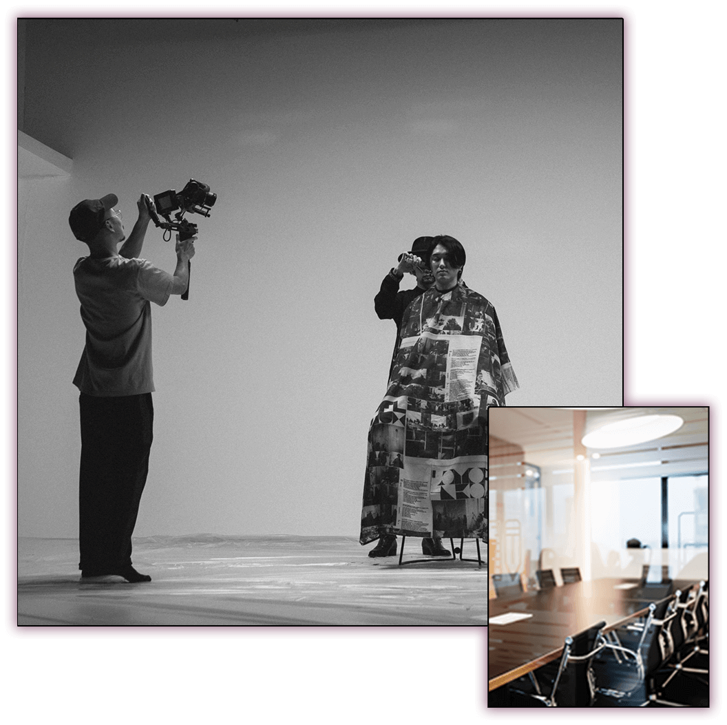 プロカメラマンが撮影するスタジオシーンと、モダンなオフィス会議室の写真。企画から撮影まで一貫して行うクリエイティブチームの仕事風景。